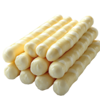 Freshly made cheese sticks stacked on a clean surface ready for snacking or cooking isolated on transparent background. png
