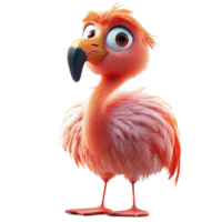 Colorful cartoon flamingo with expressive eyes stands confidently in a vibrant setting during a sunny day isolated on transparent background. png