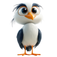Cute animated bird character standing confidently with large eyes and fluffy feathers in a light background isolated on transparent background. png