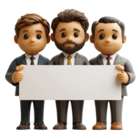 Three cartoon business professionals holding a blank sign ready for a presentation in a friendly office setting isolated on transparent background. png