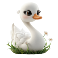 Cute cartoon swan character standing in grass with flowers in springtime setting isolated on transparent background. png