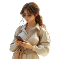 Young woman using smartphone while dressed casually in light clothing with sunglasses on during a sunny day isolated on transparent background. png