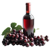 Rich red wine bottle surrounded by fresh dark grapes and green leaves in a studio setting isolated on transparent background. png