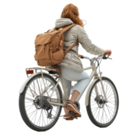 Biking in a light jacket with a backpack on a sunny day in an urban setting isolated on transparent background. png