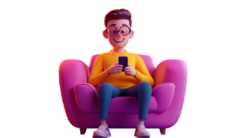 Young man using smartphone while seated on a brightly colored sofa in a cozy environment isolated on transparent background. png