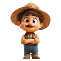 Young farmer character in straw hat poses confidently with arms crossed in playful countryside setting isolated on transparent background. png