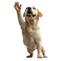 Happy dog raising its paw in a playful gesture indoors during daylight isolated on transparent background. png