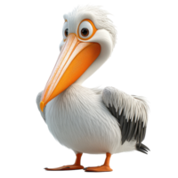 Cartoon pelican standing proudly with bright orange bill and fluffy feathers against a white background isolated on transparent background. png