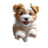 Happy puppy jumping with joy in a playful mood showcasing its fluffy coat and eager expression isolated on transparent background. png