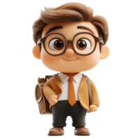 Charming animated character with glasses and a backpack in a stylish outfit ready for adventure isolated on transparent background. png