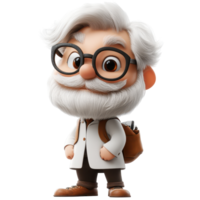 Character with white hair and glasses in a lab coat poses confidently with a backpack and a friendly expression isolated on transparent background. png