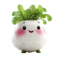 Cute cartoon character of a smiling radish with leafy green hair in a whimsical design isolated on transparent background. png