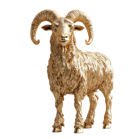 Handcrafted wooden sculpture of a sheep with twisted horns in an art studio during afternoon light isolated on transparent background. png