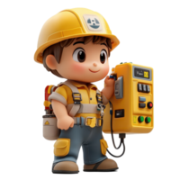 Cute cartoon character in construction attire with yellow hard hat operating a control panel isolated on transparent background. png