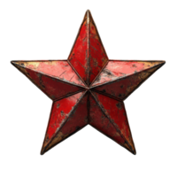 Red metal star with an aged finish on a plain background showcased in a decorative context isolated on transparent background. png