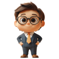 Cheerful cartoon character with glasses dressed in a suit standing confidently in a playful pose isolated on transparent background. png