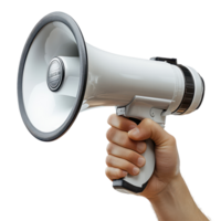 Handheld megaphone being used for communication during a public gathering or event isolated on transparent background. png