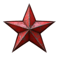 Red metal star emblem with distressed texture situated on a flat surface, highlighting vintage design elements isolated on transparent background. png