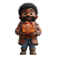 Cheerful young boy in warm attire holds a colorful gift while smiling joyfully during a festive gathering isolated on transparent background. png