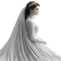 Elegant bride in a timeless white gown with a long veil seated gracefully against a plain background isolated on transparent background. png