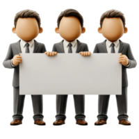Three faceless business figures holding a blank sign in a minimalist setting with a focus on teamwork and communication isolated on transparent background. png