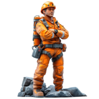 Skilled rescue worker in orange gear poses confidently on rocky terrain during emergency response training isolated on transparent background. png