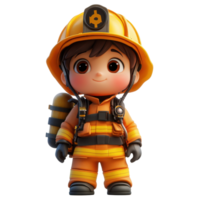 Young firefighter in bright orange gear with helmet and oxygen tank during a training exercise isolated on transparent background. png
