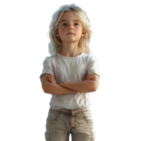 Confident child standing with crossed arms in a casual outfit against a plain background isolated on transparent background. png