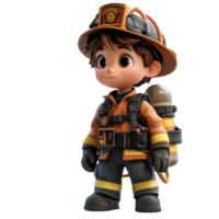 Cartoon character dressed as a firefighter with helmet and gear stands confidently in a bright pose isolated on transparent background. png