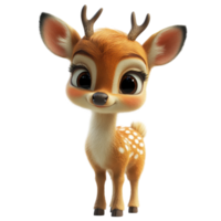 Cute animated deer character with large eyes stands happily in a colorful forest setting isolated on transparent background. png
