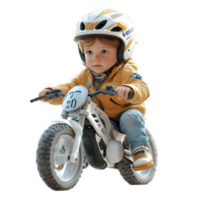Young child riding a small motorcycle with a helmet in a natural setting during the day isolated on transparent background. png