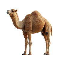 Unique camel stands proudly in a desert landscape under sunshine, showcasing its distinctive features and warm fur isolated on transparent background. png