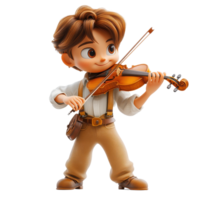 Young musician plays violin with joy in a charming animated setting isolated on transparent background. png