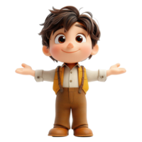 Cute animated character with brown hair and friendly expression standing with arms open in a warm setting isolated on transparent background. png