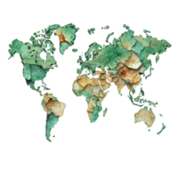 Artistic representation of a vintage world map with organic textures and colors showing the continents in a unique style isolated on transparent background. png