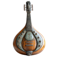 Traditional string instrument displayed with intricate craftsmanship and wooden details in a serene setting isolated on transparent background. png