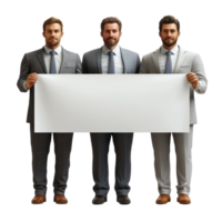 Group of three men in formal suits holding a blank sign in a neutral setting during daytime isolated on transparent background. png