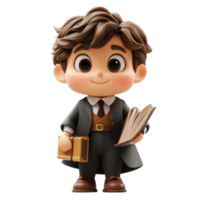 Cute animated character dressed as a scholar holding a book and a briefcase in a whimsical setting isolated on transparent background. png