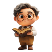 Small character reads a book while smiling in a cozy library setting with warm lighting and vintage decor isolated on transparent background. png
