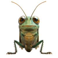 Close-up of a green grasshopper with large eyes and intricate details against a white background isolated on transparent background. png