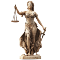 Statue of Lady Justice holding scales and sword in a solemn pose at an outdoor setting during the daytime isolated on transparent background. png
