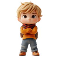 Young boy with blond hair and backpack poses confidently in a casual outfit in a bright setting isolated on transparent background. png