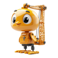 Bright yellow crane robot character stands proudly in a playful construction environment ready to help build and create isolated on transparent background. png