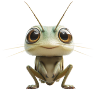 Cute animated grasshopper with large eyes and a friendly expression sitting upright in a simple background isolated on transparent background. png