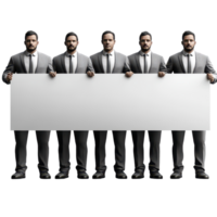 Group of men in suits holding a large blank sign for a public announcement or promotion in an urban setting isolated on transparent background. png