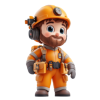 Cartoon character dressed as a miner in an orange suit with safety gear and a cheerful expression isolated on transparent background. png