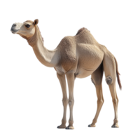 Camel standing gracefully in a sunlit desert environment, showcasing its unique features and adaptability to harsh conditions isolated on transparent background. png