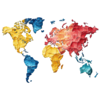 Colorful world map illustration with a textured paper design showcasing continents in vibrant hues isolated on transparent background. png