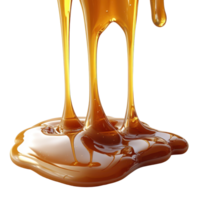 Thick golden honey drips and pools on a smooth surface in a bright setting isolated on transparent background. png
