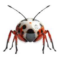 Close-up view of a colorful bug displaying vibrant red and black patterns in a natural setting isolated on transparent background. png